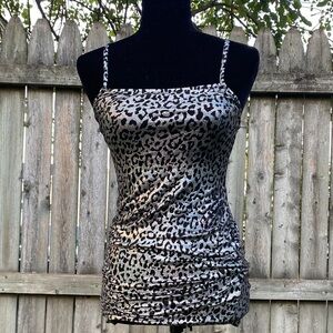 Holographic Leopard Print Spaghetti Strap Mini Dress